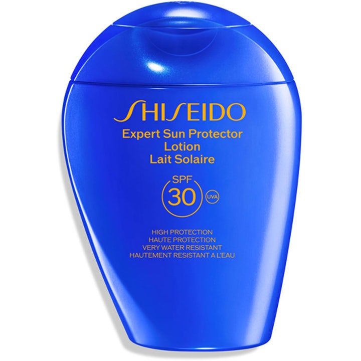Shiseido Expert Sun Protector Lotion SPF 30 suojaava aurinkovoide kirkkaansinisessä pisaranmuotoisessa muovipullossa