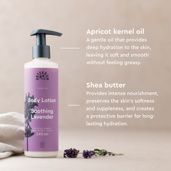 Urtekram Soothing Lavender Body Lotion 245 ml rauhoittaa ihoa sisältäen aprikoosinkiviöljyä ja sheavoita.