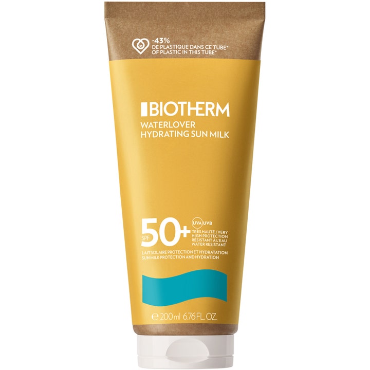 Biotherm Waterlover Hydrating Sun Milk 200 ml kosteuttava aurinkosuoja SPF 50 keltaisessa tuubissa, jossa on sininen aalto
