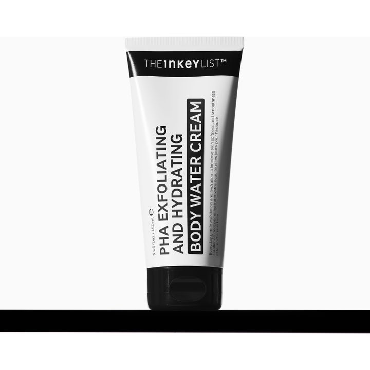 The INKEY List PHA Exfoliating and Hydrating Body Water Cream 150 ml kuoriva voide valkoisessa tuubissa.
