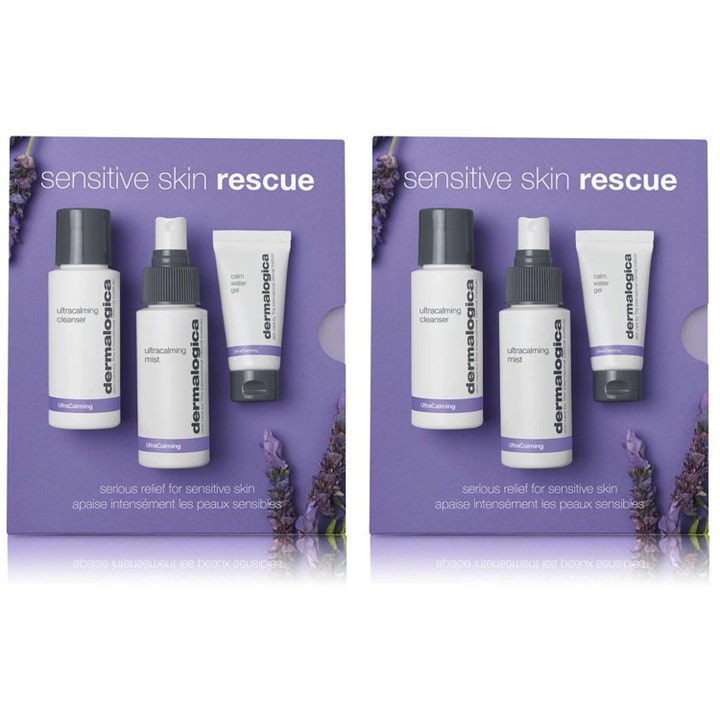 Dermalogica Sensitive Skin Rescue 3 kpl rahoittava setti herkälle iholle liilassa laventelikuvioisessa pakkauksessa.