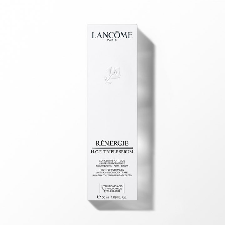 Lancôme Rénergie H.C.F. Triple Serum 50 ml silottava anti-age-seerumi valkoisessa pahvipakkauksessa