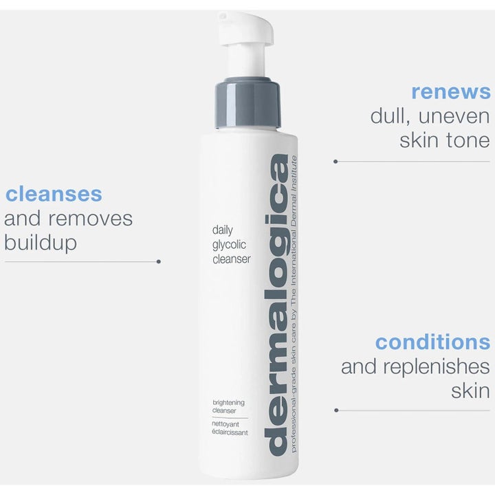 Dermalogica Daily Glycolic Cleanser kirkastava puhdistusaine valkoisessa pumppupullossa uudistaa ihon sävyä.