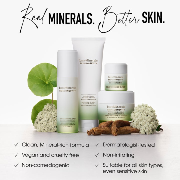 bareMinerals Skinlongevity Barrier Boosting Serum 30 ml vahvistava seerumi ja sarjan muita tuotteita kasvien kera.