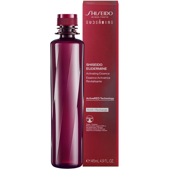 Shiseido Eudermine Activating Essence 145 ml uudistava hoitoneste syvänpunaisessa täyttöpullossa ja pakkauksessa