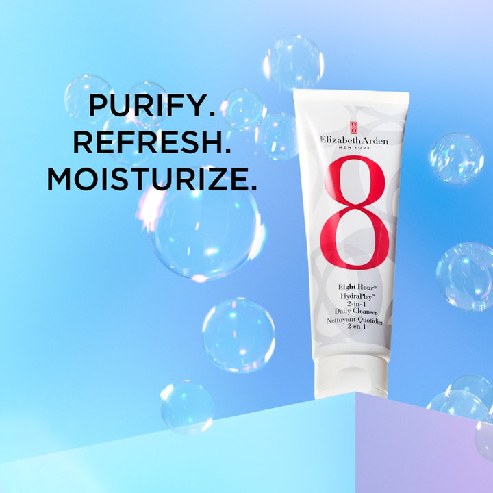 Elizabeth Arden Eight Hour Hydraplay Cleanser 125 ml kosteuttava puhdistusaine valkoisessa tuubissa kuplien ympäröimänä