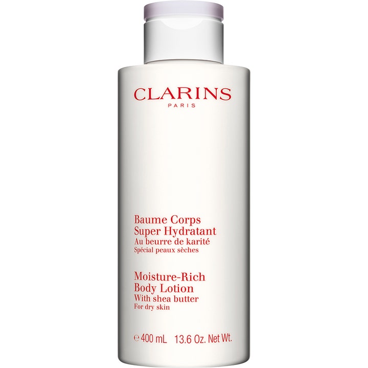 Clarins Moisture-Rich Body Lotion 400 ml kosteuttava vartalovoide sheavoilla valkoisessa tyylikkäässä pullossa