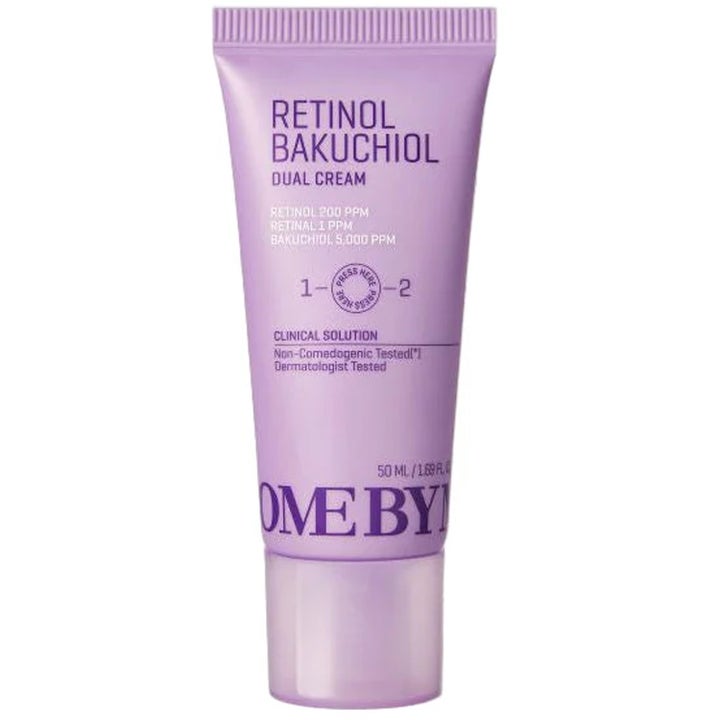 Some By Mi Retinol Bakuchiol Dual Cream 50 ml kasvovoide uudistaa ihoa vaaleanvioletissa tuubissa ja lila korkki.