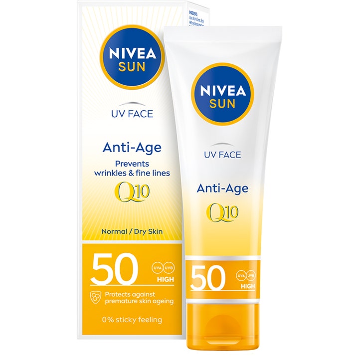 Nivea Sun UV Face Anti-Age Q10 SPF 50 aurinkovoide kasvoille ehkäisee ryppyjä keltaisessa ja valkoisessa tuubissa