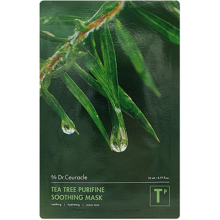 Dr.Ceuracle Tea Tree Purifine Soothing Mask 23 ml rauhoittava kangasnaamio vihreässä pakkauksessa teepuun lehdillä.