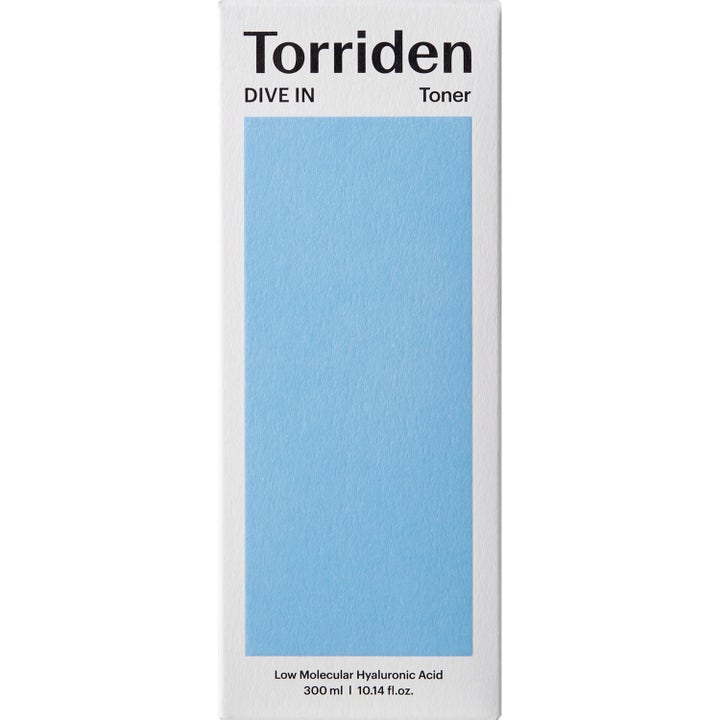 Torriden DIVE-IN Low Molecular Hyaluronic Acid Toner 300 ml kosteuttava kasvovesi valkoisessa pahvipakkauksessa.