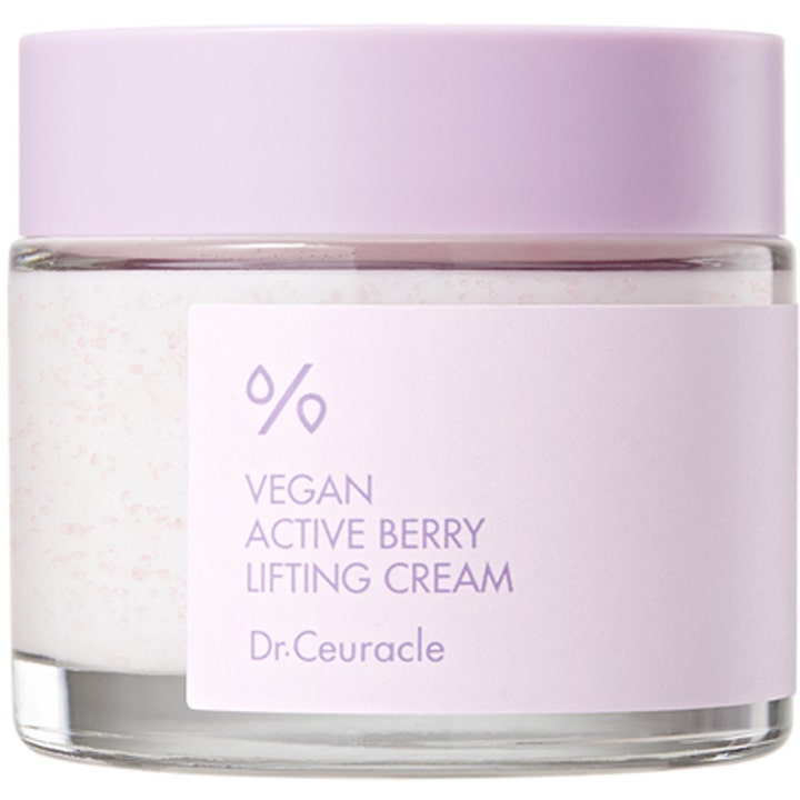 Dr. Ceuracle Vegan Active Berry Lifting Cream 75 ml kiinteyttävä kasvovoide vaaleanvioletissa lasipurkissa kapseleilla