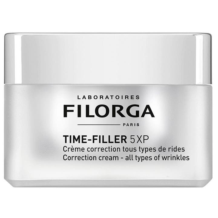 Filorga Time-Filler 5XP 50 ml ryppyjä silottava kasvovoide hopeanhohtoisessa neliskanttisessa purkissa.
