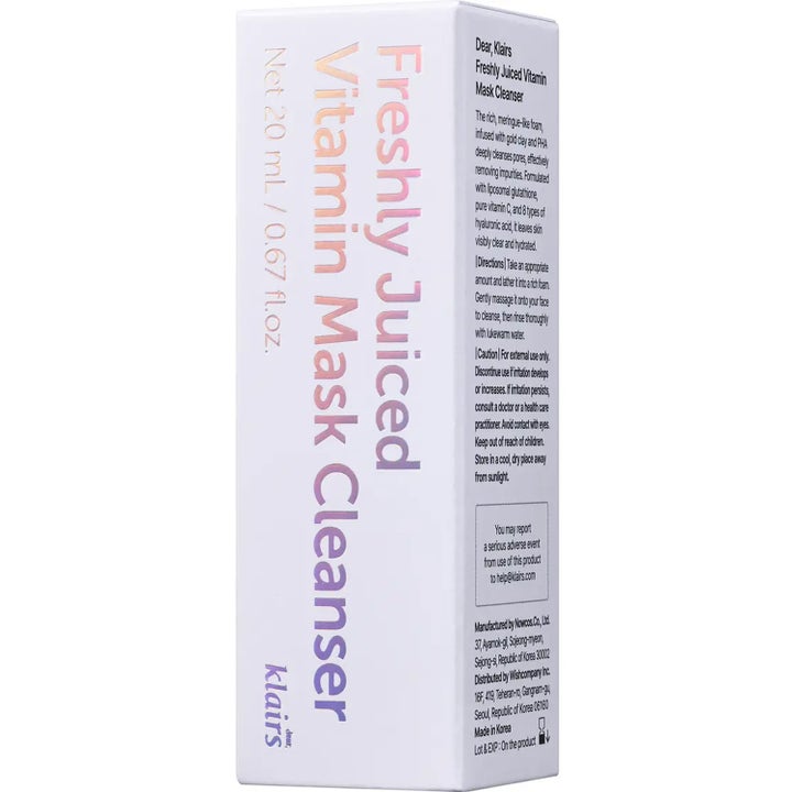 Klairs Freshly Juiced Vitamin Mask Cleanser 20 ml kirkastava puhdistusaine valkoisessa pakkauksessa hohtavalla tekstillä.
