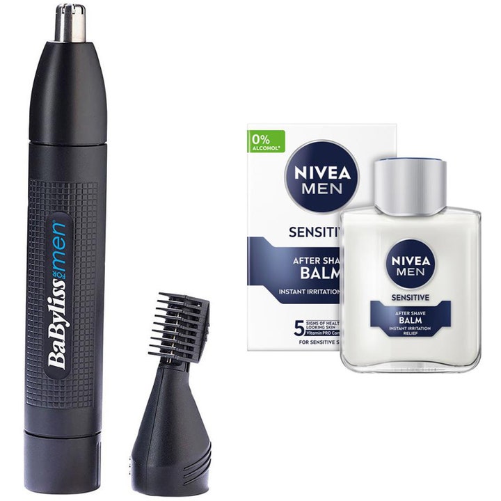 BaByliss Men ja Nivea Men Sensitive setti sisältää mustan trimmerin vaihtopäällä ja rauhoittavan after shave balmin lasipullossa.