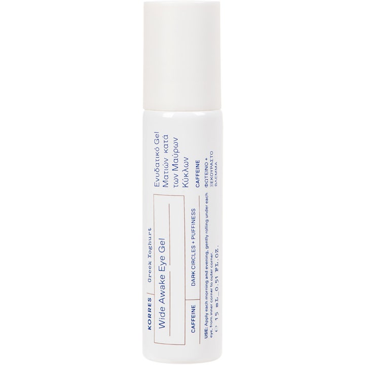 Korres Greek Yoghurt Wide Awake Eye Gel 15 ml kofeiinia sisältävä silmänympärysvoide valkoisessa roll-on-putkilossa