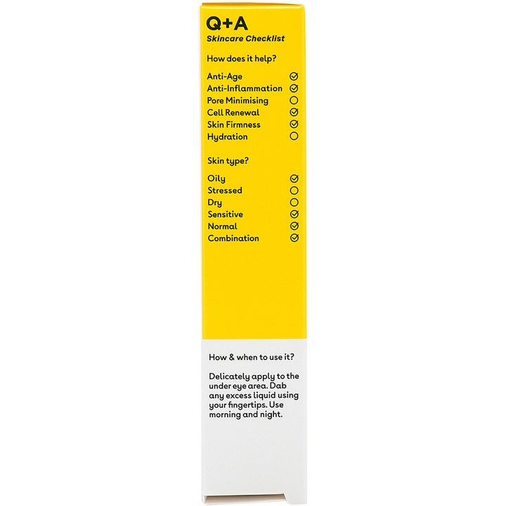 Q+A Caffeine Eye Serum 15 ml silmänympärysseerumi keltaisessa pakkauksessa, jossa on Skincare Checklist -lista.