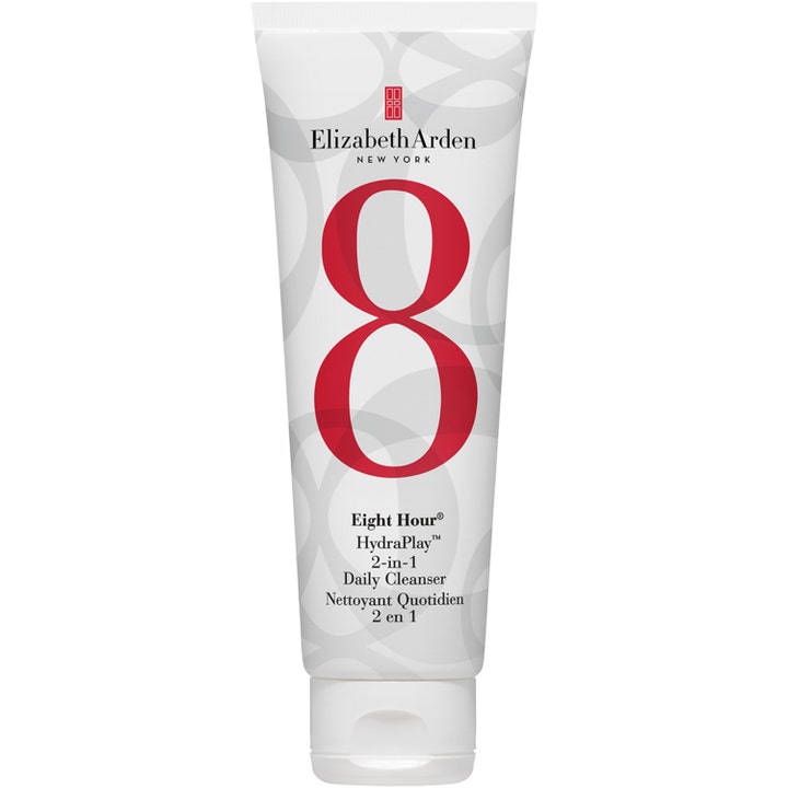 Elizabeth Arden Eight Hour HydraPlay 2-in-1 Daily Cleanser puhdistustuote valkoisessa tuubissa jossa on punainen 8.