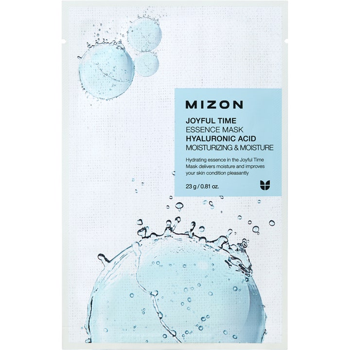 Mizon Joyful Time Essence Mask Hyaluronic Acid 23 g kosteuttava kangasnaamio pussissa sinisin vesiroiskein.