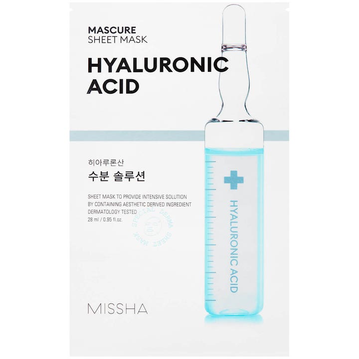 Missha Mascure Sheet Mask Hyaluronic Acid 28 ml kosteuttava kangasnaamio vaaleassa pakkauksessa.