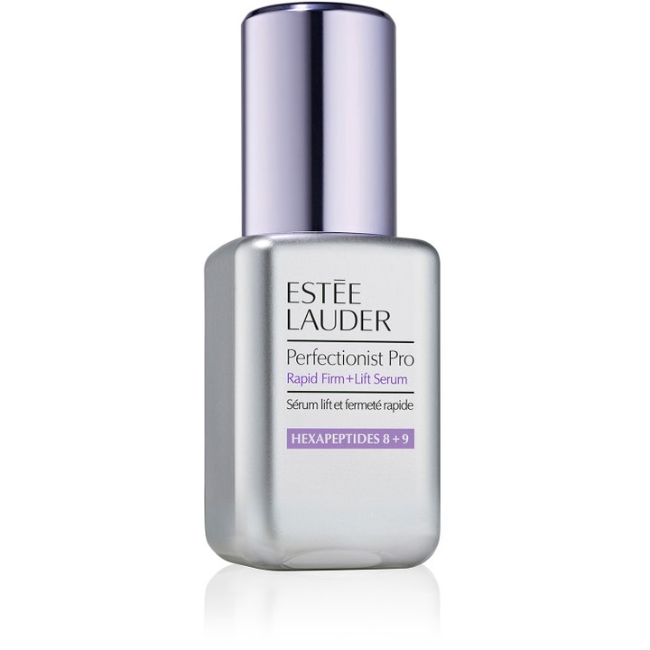 Estée Lauder Perfectionist Pro Rapid Firm + Lift Serum kiinteyttävä seerumi hopeanhohtoisessa pullossa liilalla korkilla