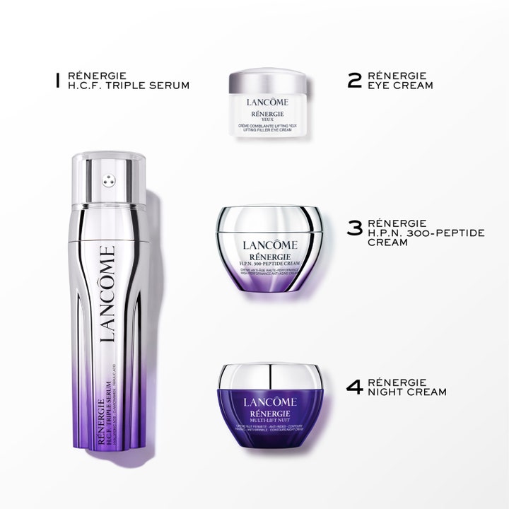 Lancôme Rénergie H.C.F. Triple Serum 1 kpl ihonhoitosetti sisältää seerumin ja kolme voidetta tyylikkäissä purkeissa.