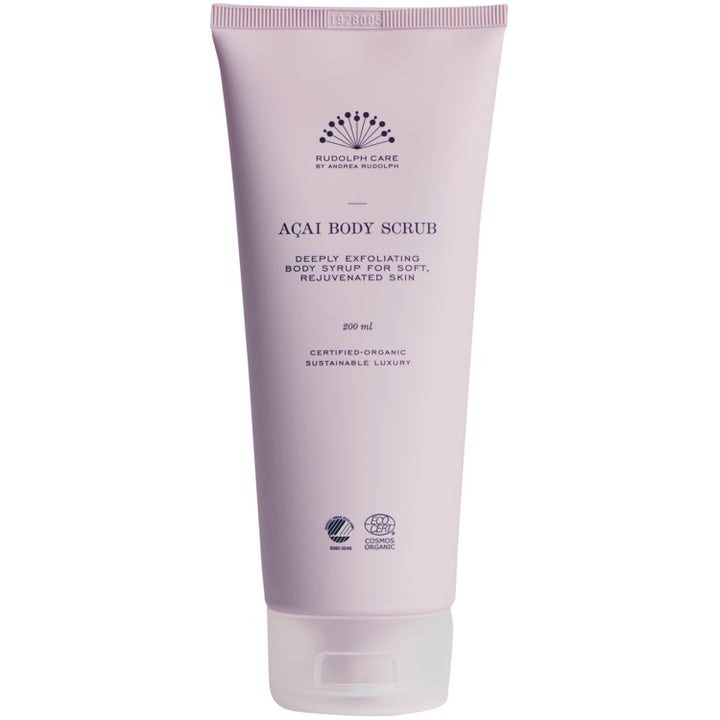 Rudolph Care Açai Body Scrub 200 ml syväkuoriva vartalokuorinta vaaleanvioletissa tuubissa läpikuultavalla korkilla