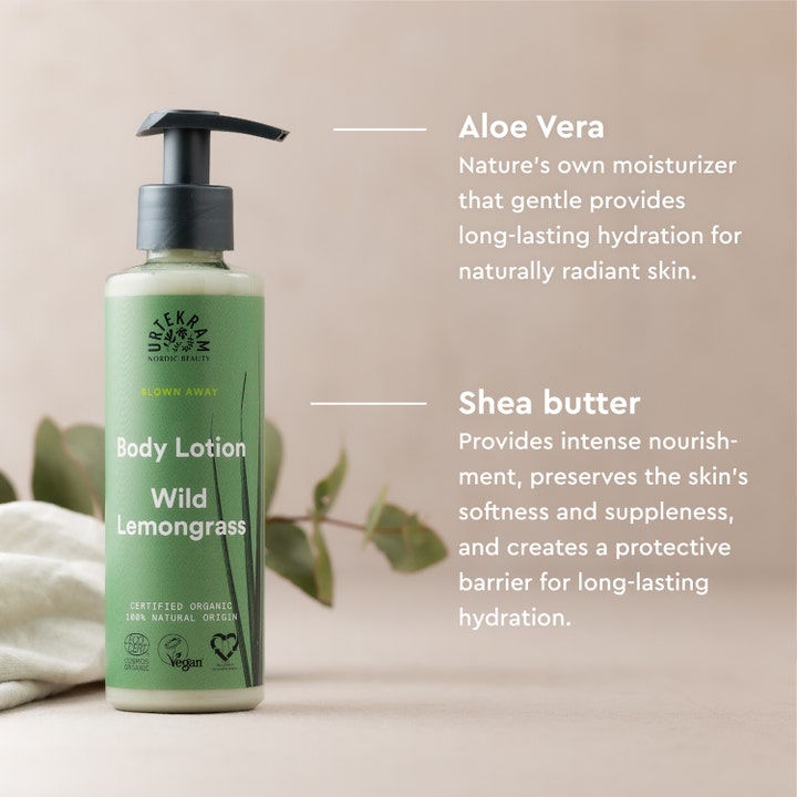 Urtekram Wild Lemongrass Body Lotion 245 ml kosteuttava vartalovoide infografiikka aloe vera ja sheavoi ainesosista