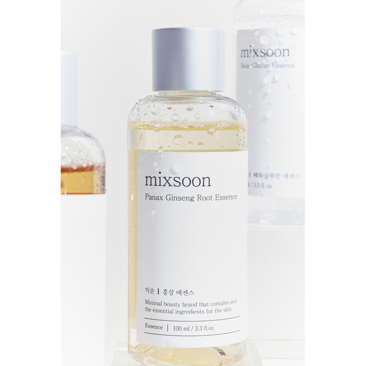 Mixsoon Panax Ginseng Root Essence 100 ml elvyttävä hoitoneste kirkkaassa muovipullossa, jossa on hopeinen korkki.
