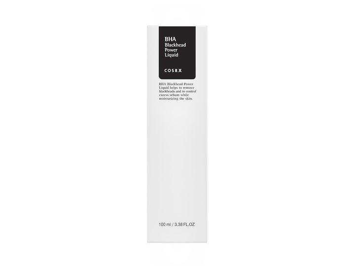 COSRX BHA Blackhead Power Liquid 100 ml mustapäitä ehkäisevä kasvovesi valkoisessa pahvisessa ulkopakkauksessa.