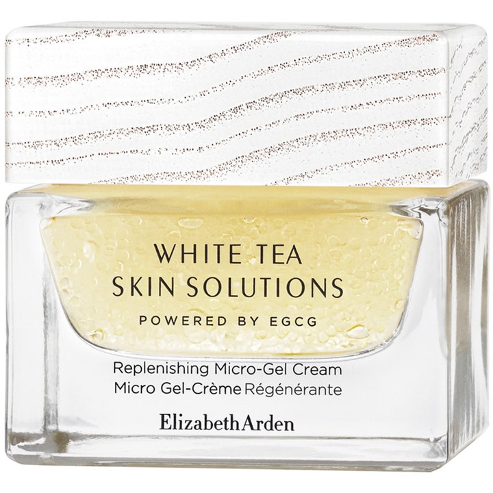 Elizabeth Arden White Tea Skin Solutions Replenishing Micro-Gel Cream uudistava geelivoide lasipurkissa valkoisella kannella.