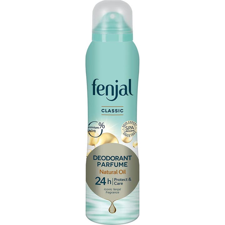 Fenjal Classic Deodorant Parfume 150ml suojaava deodoranttisuihke turkoosissa pullossa jossa on kultaisia pisaroita
