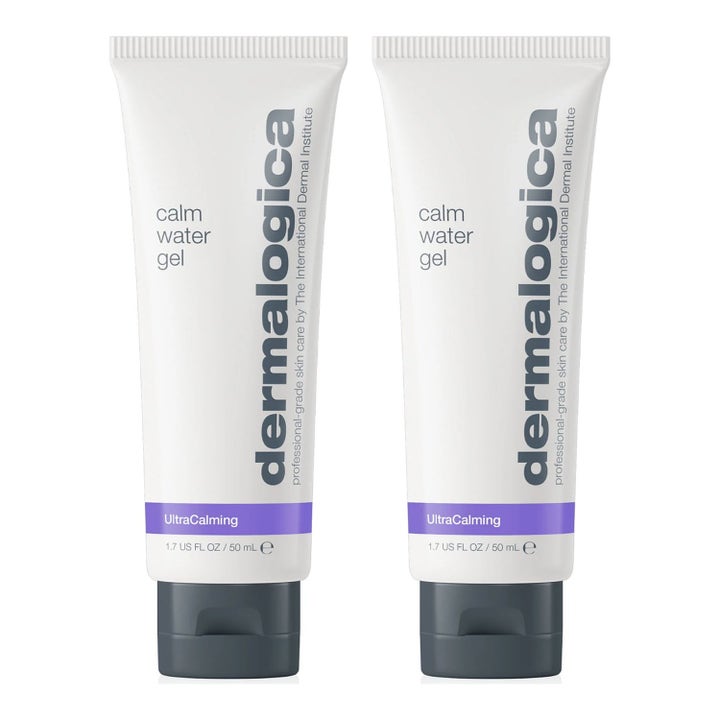 Dermalogica Calm Water Gel 50 ml rauhoittava kasvogeeli kahtena valkoisena tuubina joissa on lila raita