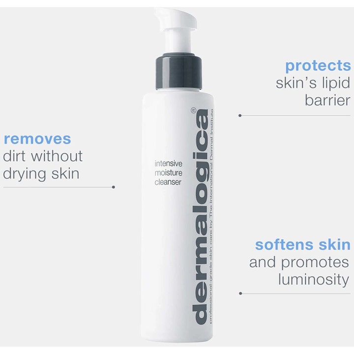 Dermalogica Intensive Moisture Cleanser 150 ml kosteuttava puhdistusaine valkoisessa pumppupullossa pehmentää ihoa.