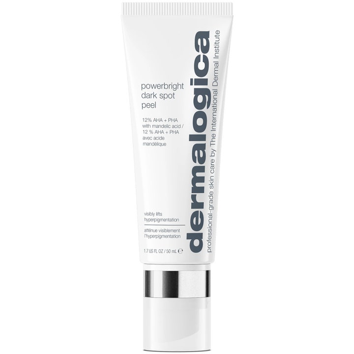 Dermalogica PowerBright Dark Spot Peel 50 ml kirkastava kuorinta valkoisessa tuubissa, jossa on hopeinen korkki.