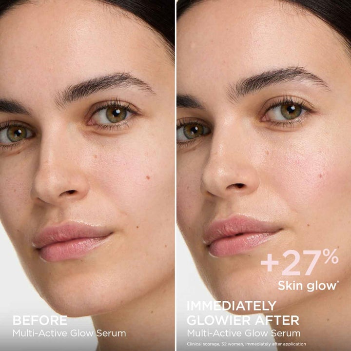 Clarins Multi-Active Glow Serum 30 ml heleyttävä seerumi lisää ihon hehkua 27 % ennen ja jälkeen vertailukuvassa.