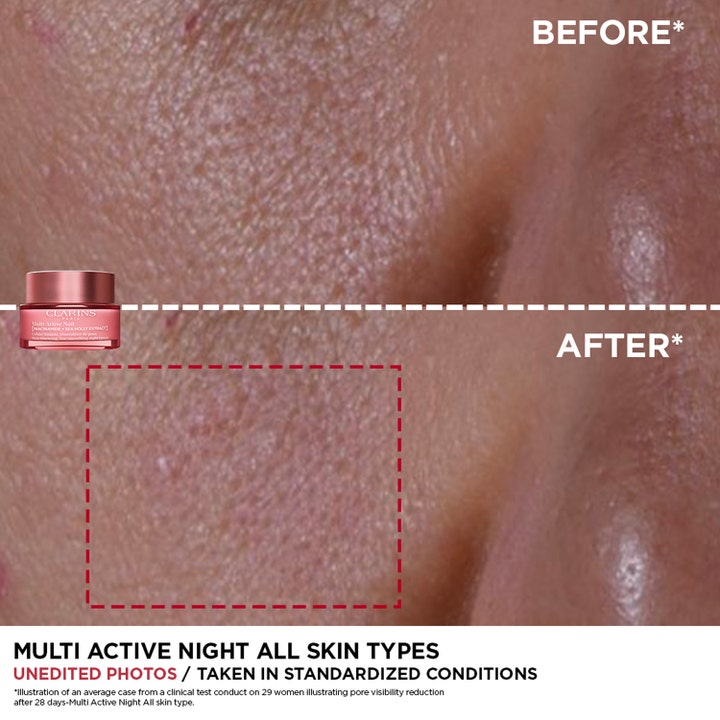 Clarins Multi-Active Nuit 50 ml uudistava yövoide silottaa ihoa ja pienentää ihohuokosia ennen ja jälkeen kuvassa.