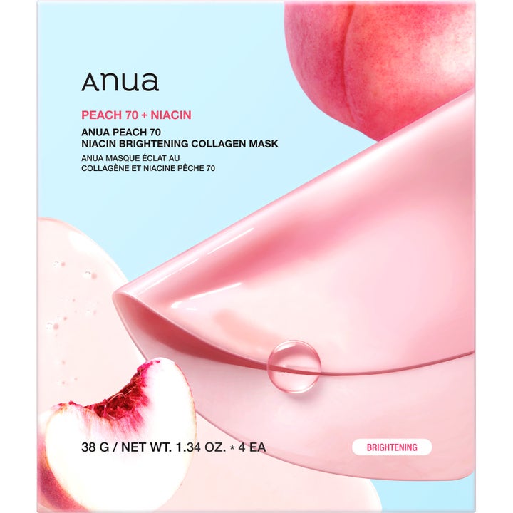 Anua Peach 70 Niacin Brightening Collagen Mask 4 kpl kirkastava kangasmaski vaaleanpunaisessa pakkauksessa.
