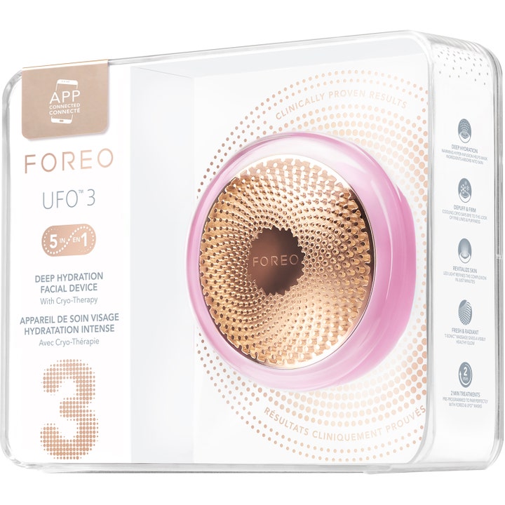 FOREO UFO™ 3 Pearl Pink 1 kpl kasvolaite syväkosteuttaa ihon läpinäkyvässä myyntipakkauksessaan.