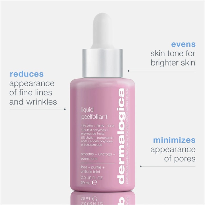 Dermalogica Daily Liquid Peelfoliant 59 ml kirkastava seerumi vaaleanpunaisessa pipettipullossa häivyttää juonteita.
