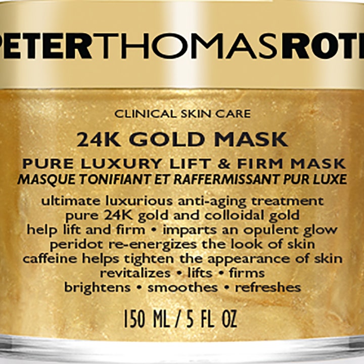 Peter Thomas Roth 24K Gold Mask 150 ml kiinteyttävä kasvonaamio kultaisessa lasipurkissa kimaltelevalla koostumuksella.