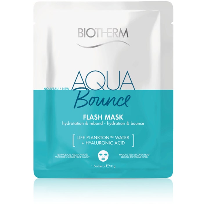 Biotherm Aqua Bounce Flash Mask 31 g kosteuttava kangasnaamio lisää kimmoisuutta valkoisessa ja turkoosissa pussissa