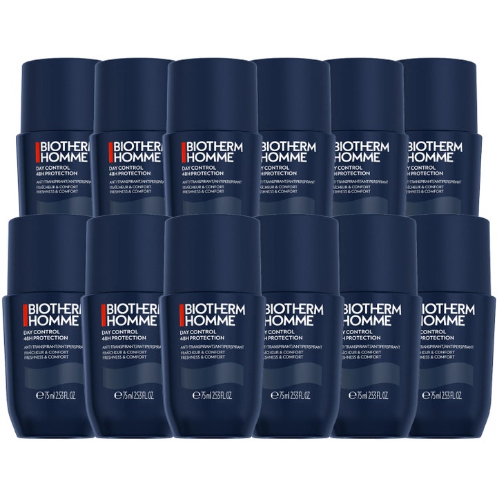Biotherm Homme Day Control 48H Protection 12 x 75 ml raikastava antiperspirantti ja 12 tummansinistä roll-on-pulloa riveissä.