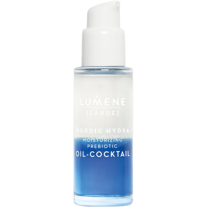 Lumene Lähde Nordic Hydra Oil-Cocktail 30 ml kosteuttava kasvoöljy kirkkaassa pullossa jossa on sinivalkoinen neste.