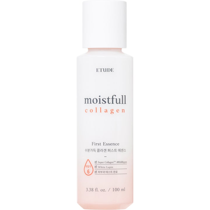 Etude Moistfull Collagen First Essence 100 ml kosteuttava hoitoneste valkoisessa pullossa jossa on vaalean oranssi pohja