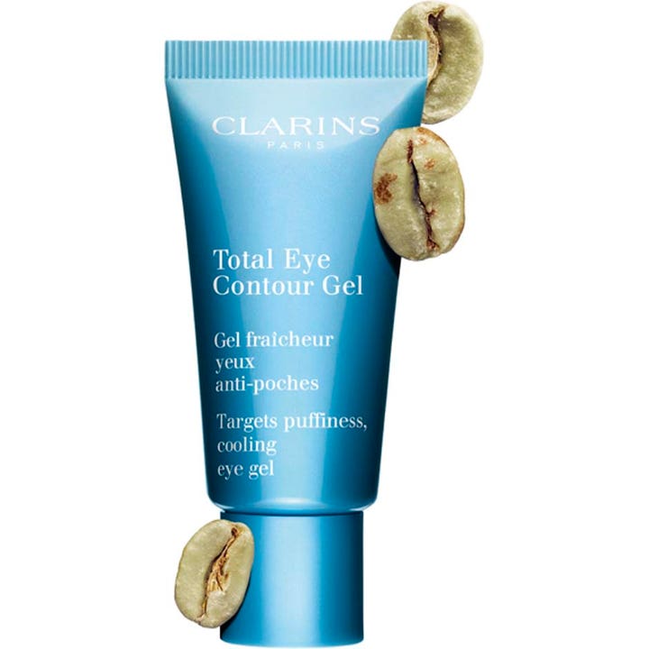 Clarins Total Eye Contour Gel 20 ml viilentävä silmänympärysgeeli turkoosissa tuubissa vihreillä kahvipavuilla