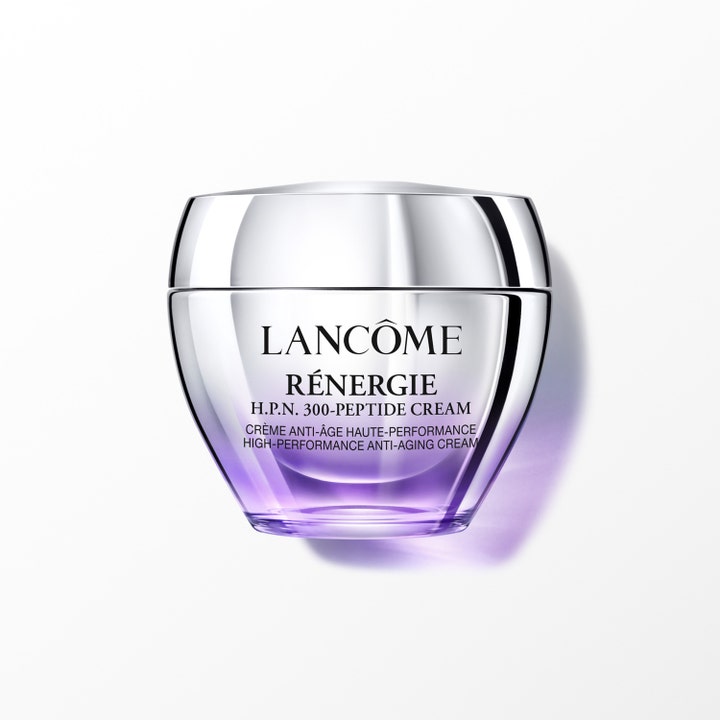Lancôme Rénergie H.P.N. 300-Peptide Cream anti-age kasvovoide lilan sävyisessä lasipurkissa ja hopeisella kannella
