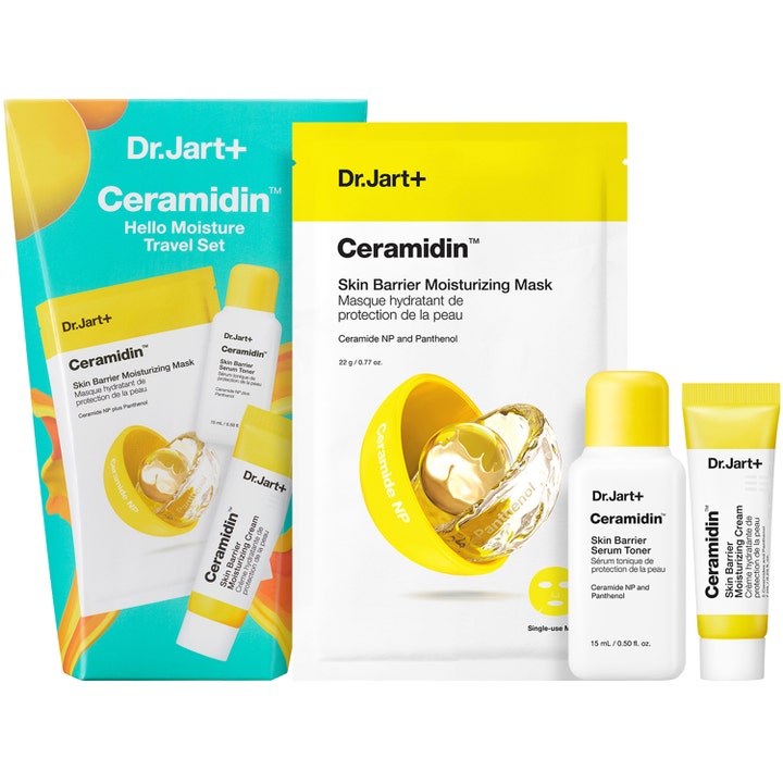Dr. Jart+ Ceramidin Hello Moisture Travel Set matkapakkaus kosteuttaa ihoa keltaisilla ja valkoisilla pakkauksilla