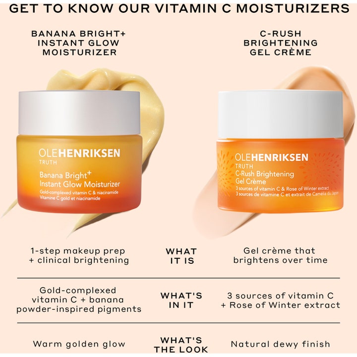 Ole Henriksen Banana Bright + Instant Glow Moisturizer 50 ml kirkastava päivävoide vertailussa C-Rush-geelivoiteeseen.