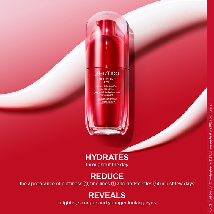 Shiseido Ultimune Power Infusing Eye Concentrate 15 ml silmänympärysvoide punaisessa pullossa voidejuovan päällä